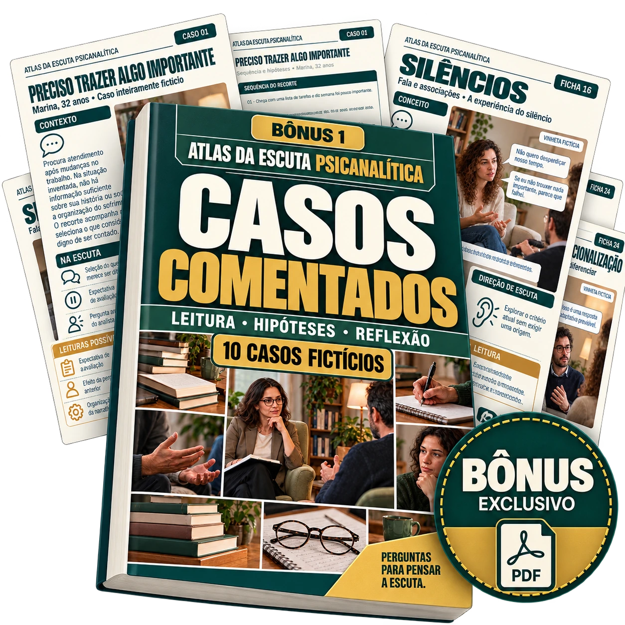 Mockup ilustrativo do bônus Casos Comentados: 10 casos fictícios