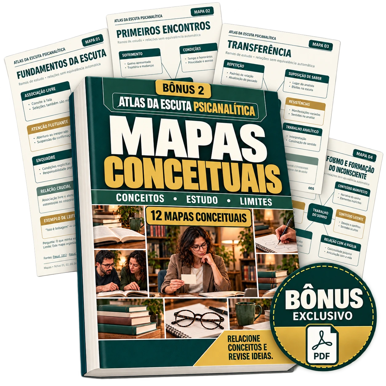 Mockup ilustrativo do bônus Mapas Conceituais: 12 mapas