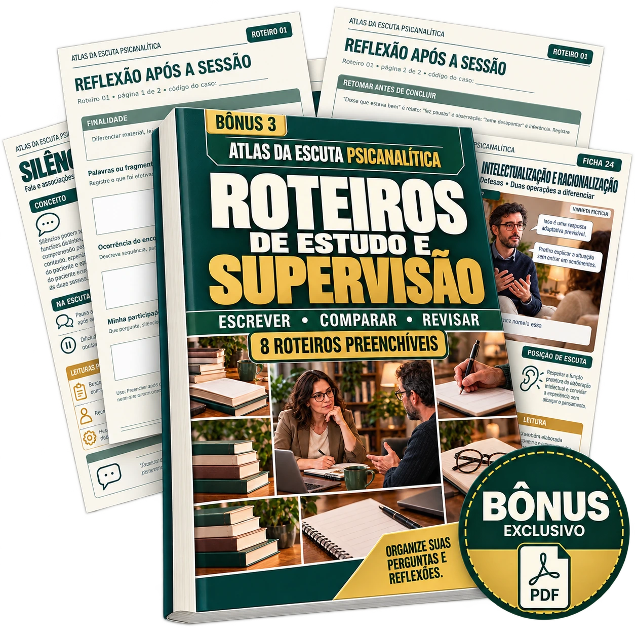 Mockup ilustrativo do bônus Roteiros de Estudo e Supervisão: 8 roteiros preenchíveis