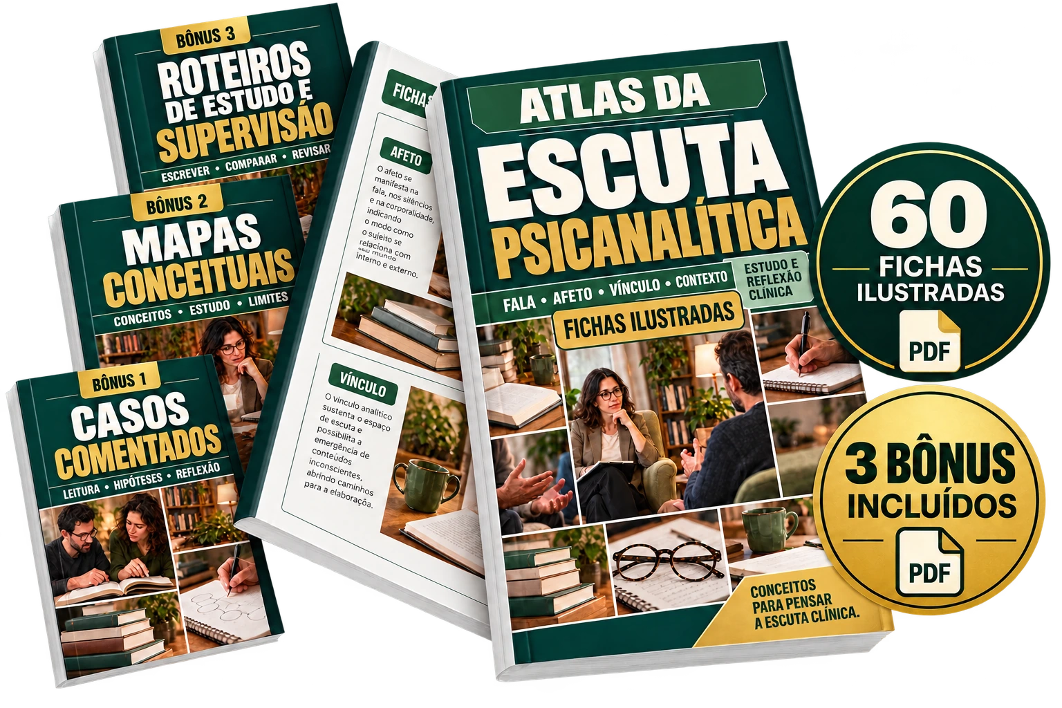 Mockup ilustrativo do Atlas da Escuta Psicanalítica com 60 fichas e três bônus em PDF
