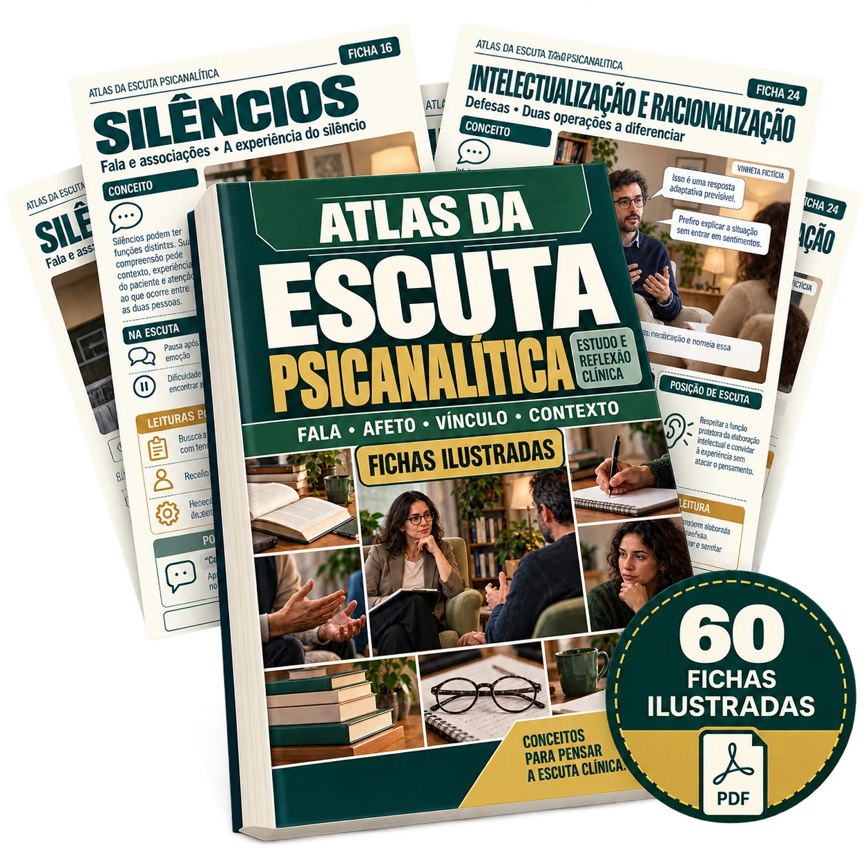 Mockup ilustrativo do Atlas da Escuta Psicanalítica com 60 fichas em PDF